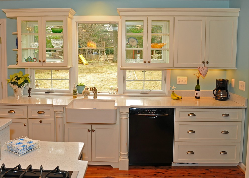 Свежая идея для дизайна: кухня в классическом стиле с с полувстраиваемой мойкой (с передним бортиком), черной техникой и окном - отличное фото интерьера