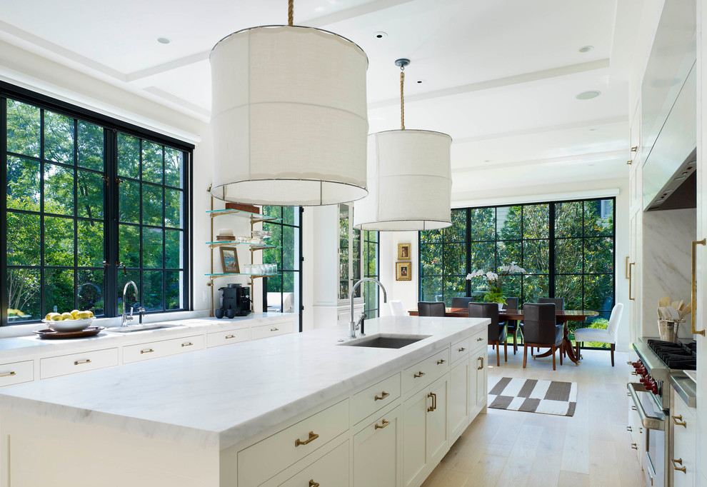 Inspiration for a timeless light wood floor eat-in kitchen remodel in DC Metro with white cabinets and an island