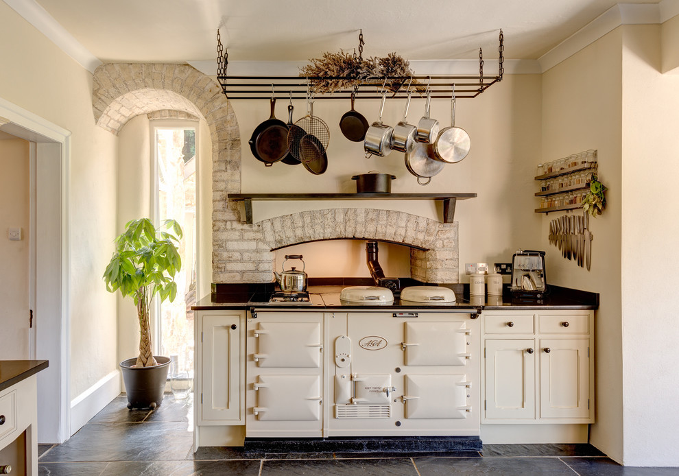 Example of a tuscan kitchen design in Other with shaker cabinets, white cabinets and white appliances