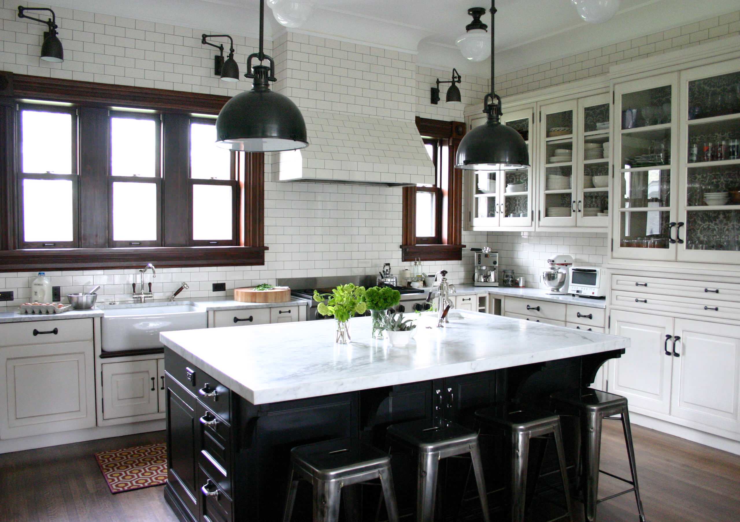 Beautiful Marble Kitchen Counter Top, Subway Tile Backsplash And Baking  Accessories. Stock Photo, Picture and Royalty Free Image. Image 46554128.