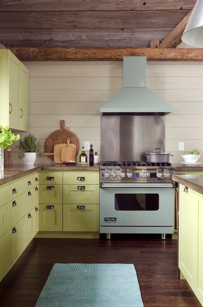 Trendy kitchen photo in Portland Maine with concrete countertops, green cabinets, colored appliances and shaker cabinets