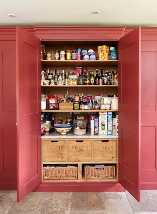 Farmhouse Kitchen Pantry Inspirations: Recessed-Panel Red Cabinets