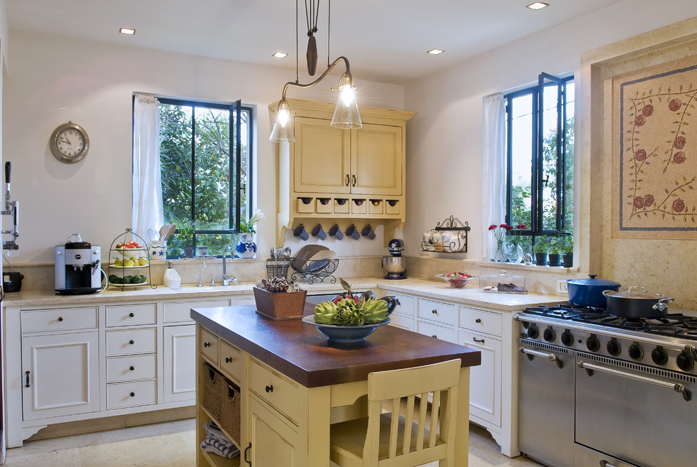 Пример оригинального дизайна: п-образная кухня-гостиная в классическом стиле с накладной мойкой, фасадами в стиле шейкер и белыми фасадами в частном доме