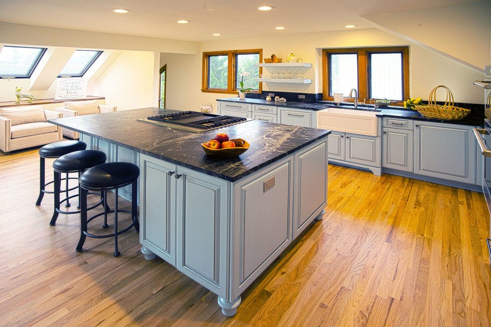 Traditional Kitchen with Blue and Soapstone Coutertops