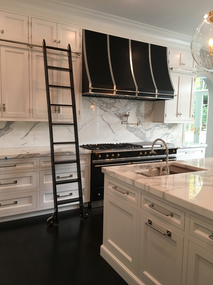 Design ideas for a large traditional galley kitchen pantry in Chicago with shaker cabinets, white cabinets, wood worktops, white splashback, dark hardwood flooring and no island.