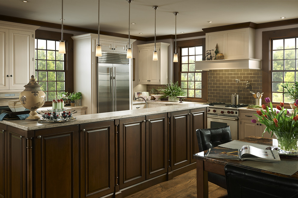 Traditional White Kitchen with Large Brown Island ...