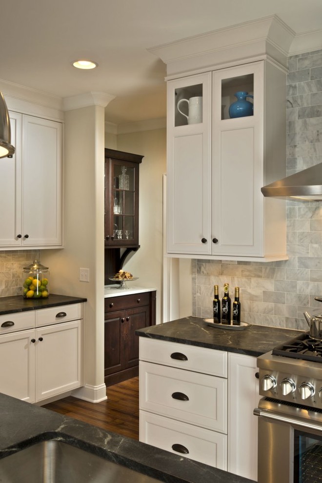 Traditional White Kitchen with Soapstone Countertops and Stainless