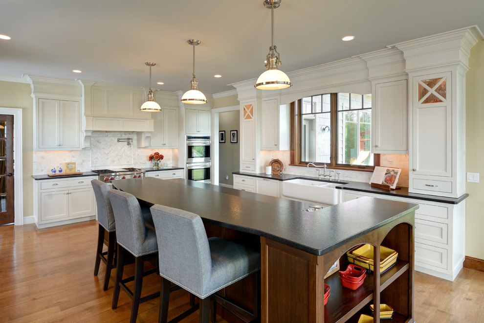 Traditional White Kitchen with Walnut Island Transitional Kitchen