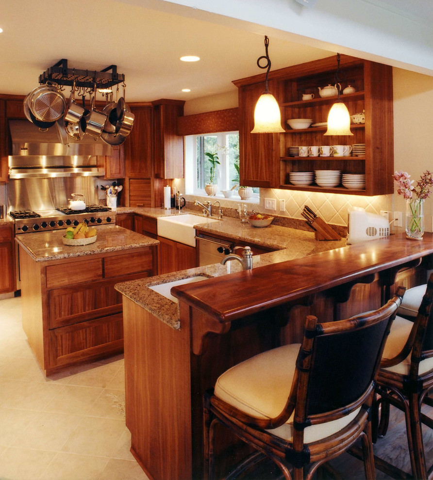 Inspiration for a tropical kitchen remodel in Hawaii with a farmhouse sink, open cabinets and medium tone wood cabinets