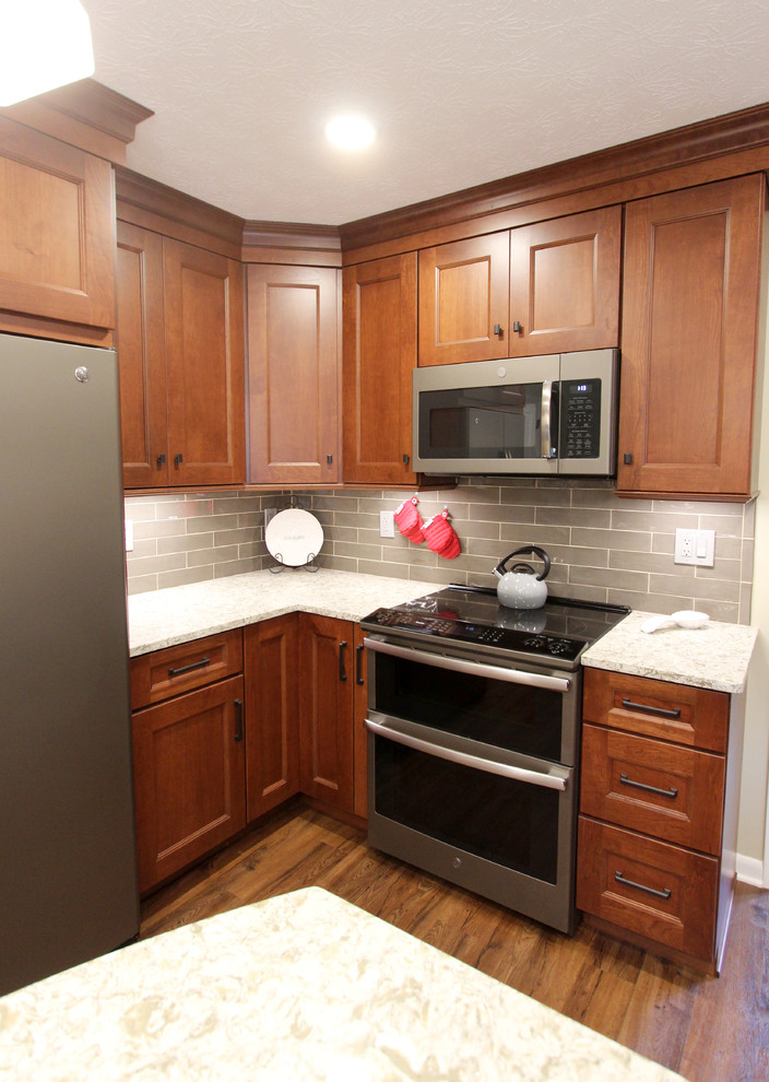 Transitional Cherry Kitchen with Beige and White Quartz Countertop