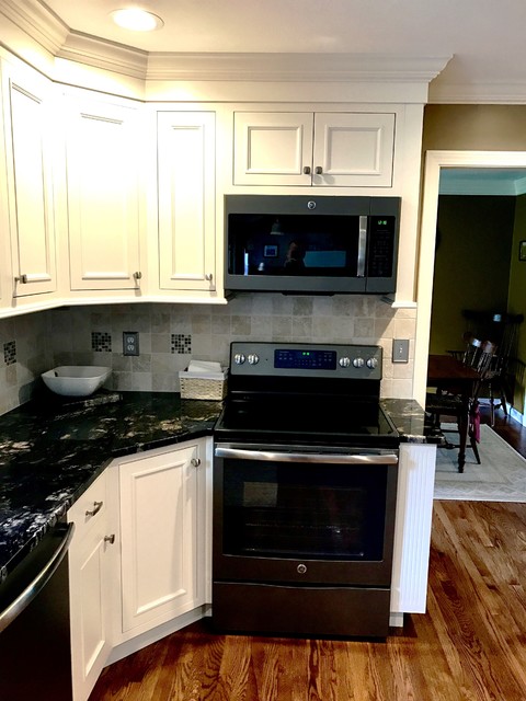 Transitional Dove Kitchen Remodel with Custom Sized Glass Tiles ...