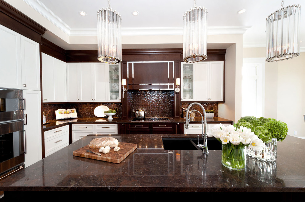 Design ideas for a classic l-shaped kitchen in Other with a double-bowl sink, recessed-panel cabinets, white cabinets, metallic splashback and mosaic tiled splashback.