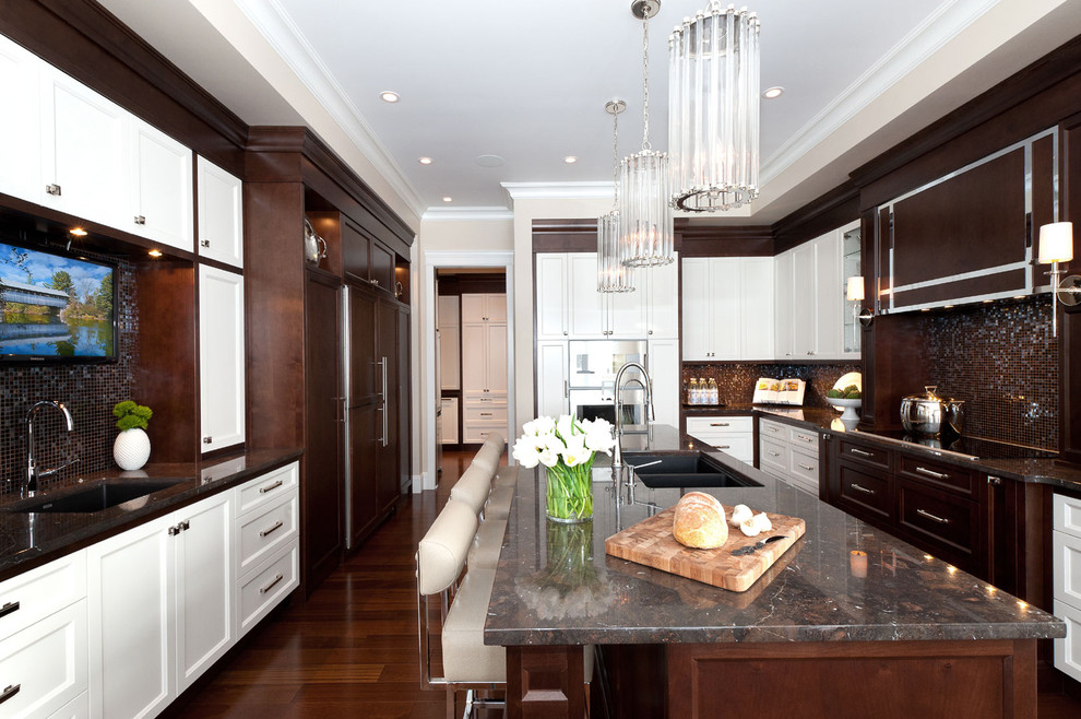 Elegant enclosed kitchen photo in Other with recessed-panel cabinets, white cabinets, brown backsplash and mosaic tile backsplash