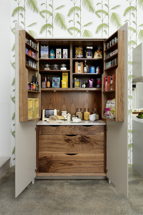 Unique Pantry Inspirations: Gray Pantry Cabinet with Tropical Wallpaper