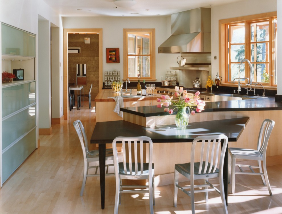 Foto di un cucina con isola centrale classico con ante lisce, ante in legno chiaro e parquet chiaro