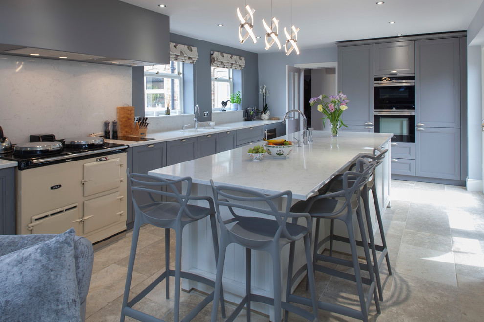 Inspiration for a large classic kitchen/diner in Other with an integrated sink, shaker cabinets, medium wood cabinets, quartz worktops, integrated appliances, ceramic flooring, an island, grey floors and white worktops.