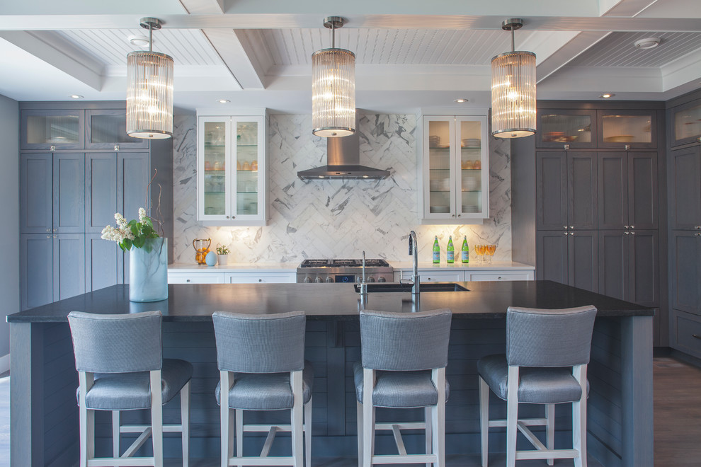 Inspiration for a transitional kitchen remodel in Vancouver with gray cabinets, white backsplash, an island and marble backsplash