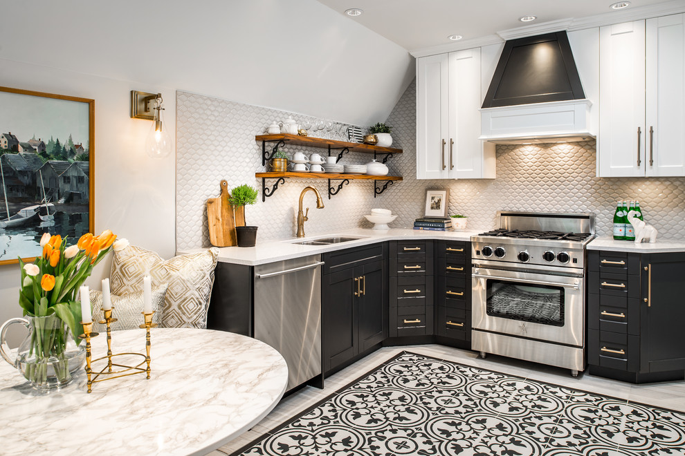 Small traditional l-shaped kitchen/diner in Vancouver with a submerged sink, shaker cabinets, black cabinets, composite countertops, porcelain splashback, stainless steel appliances, porcelain flooring, no island, multi-coloured floors and grey splashback.