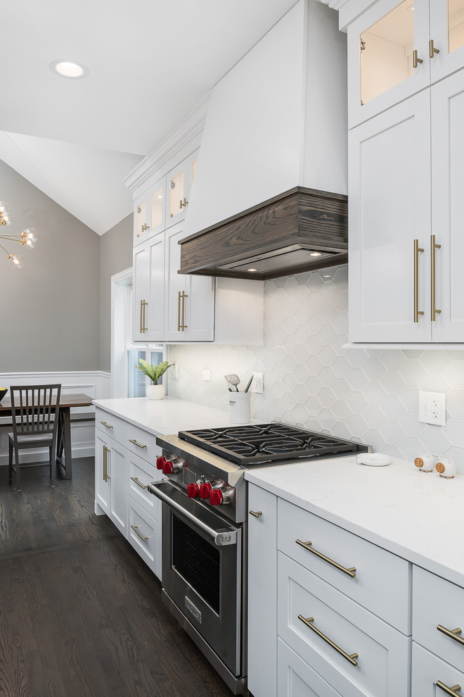 Inspiration for a mid-sized transitional dark wood floor and brown floor open concept kitchen remodel in Chicago with white cabinets, quartz countertops, white backsplash, stainless steel appliances, an island, white countertops, a farmhouse sink, shaker cabinets and glass tile backsplash