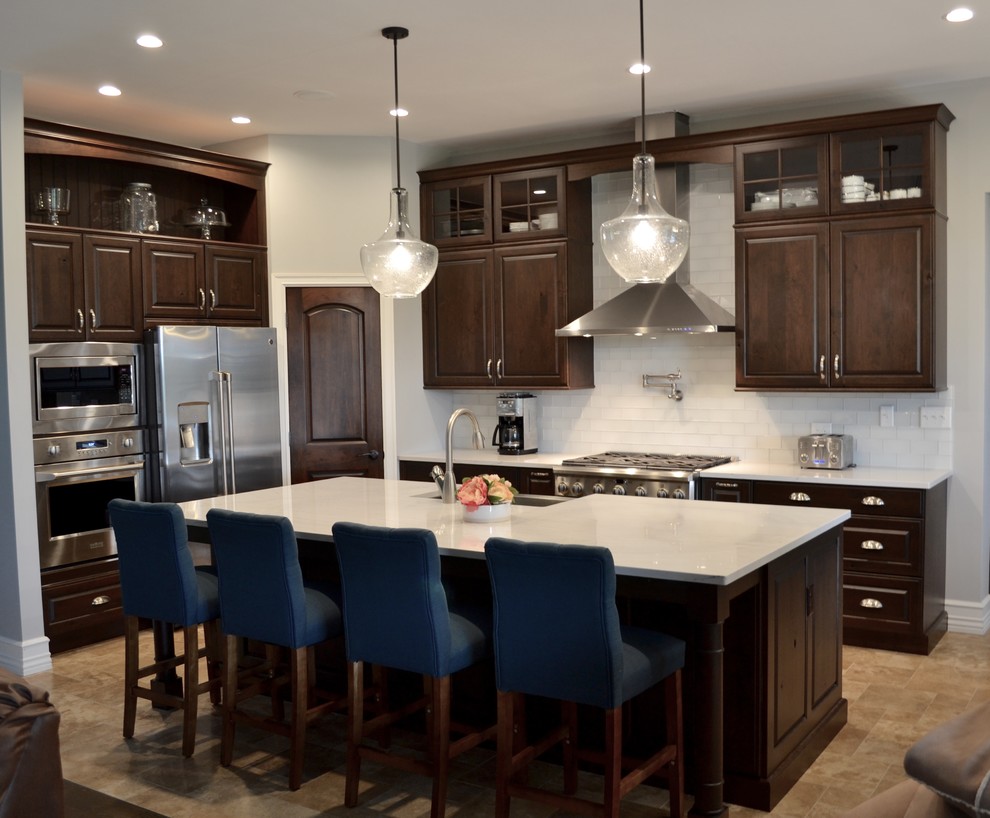 Transitional Kitchen with Dark Wood Cabinets & White Countertops ...
