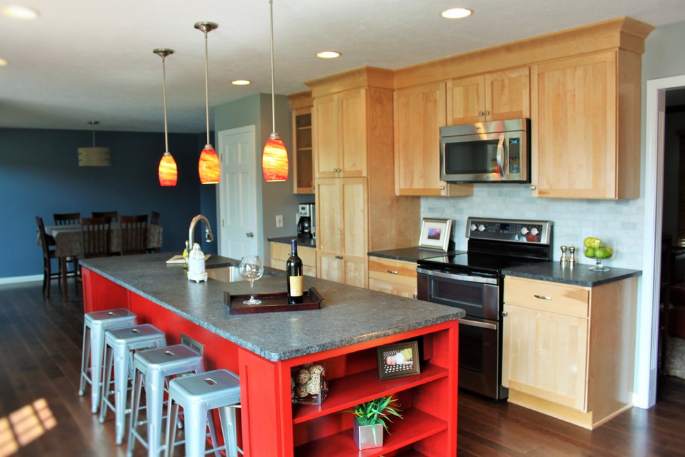 Transitional Kitchen with Red Island Transitional Kitchen