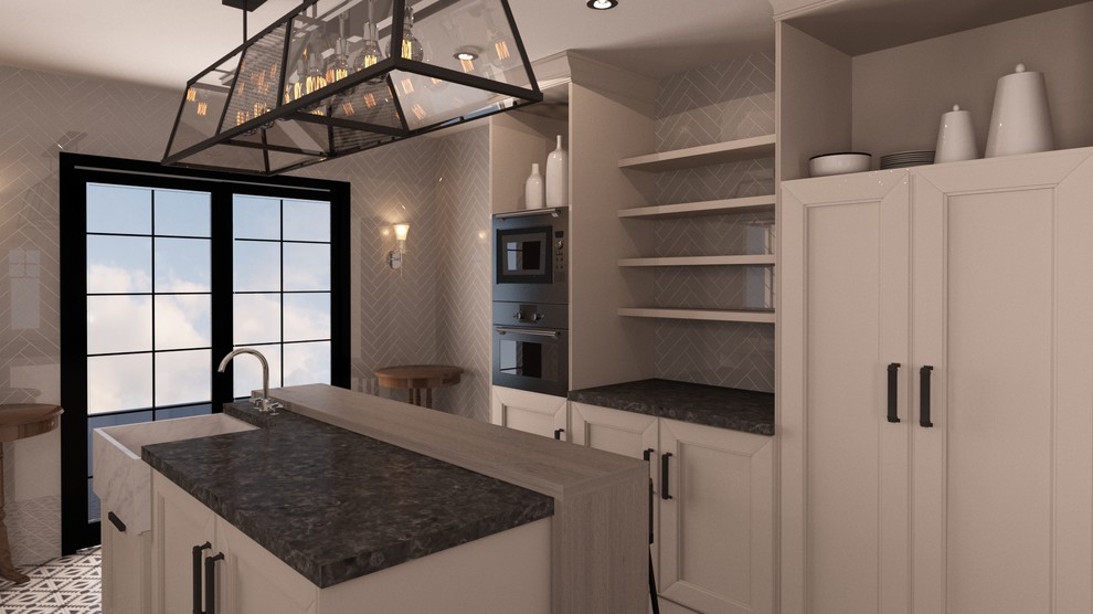 Klassische Wohnküche mit Glasfronten, weißen Schränken, Granit-Arbeitsplatte, Küchengeräten aus Edelstahl, Keramikboden, Kücheninsel und weißem Boden in Seattle