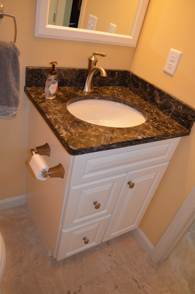 Transitional white paint kitchen/bathroom remodel w/crown molding