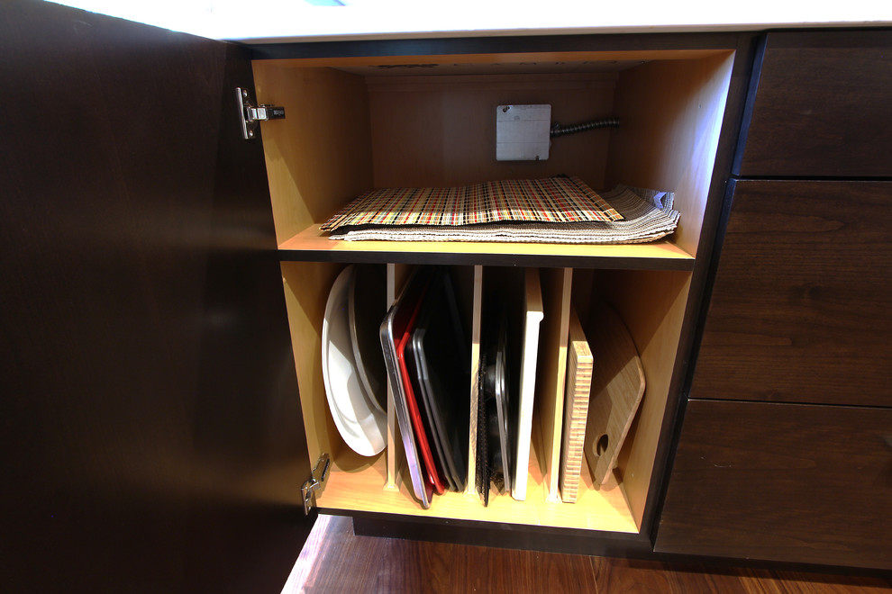 Tray Storage behind Full Height Door with Placemat Storage Above Transitional Kitchen