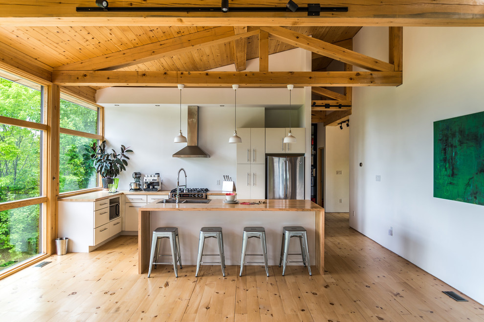 Inspiration for a contemporary light wood floor kitchen remodel in Toronto with a double-bowl sink, flat-panel cabinets, white cabinets, wood countertops, stainless steel appliances and an island