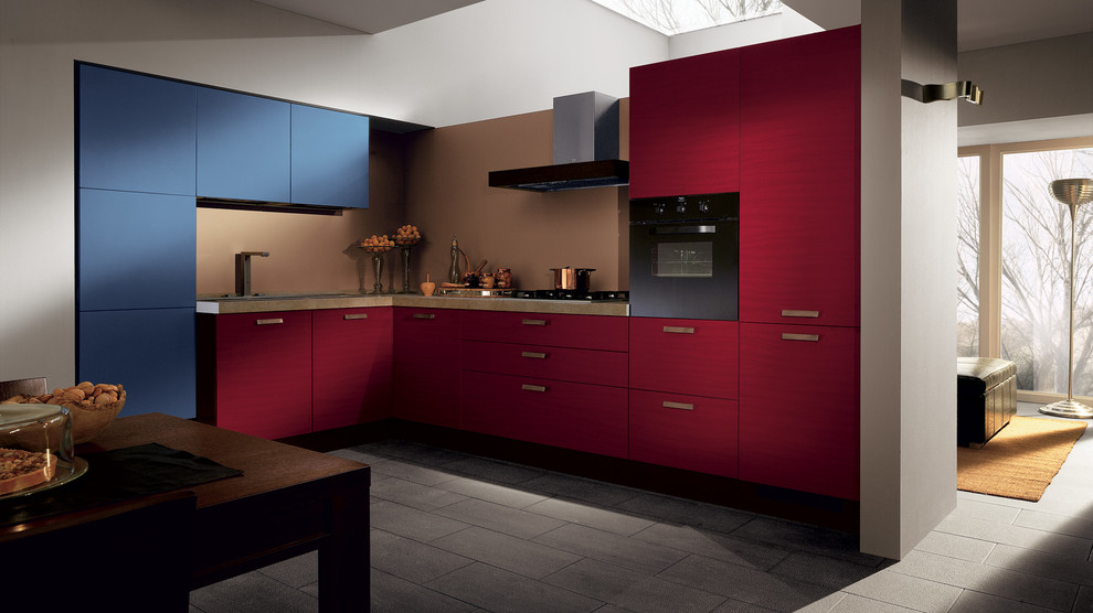 Design ideas for a large modern l-shaped kitchen/diner in Melbourne with a double-bowl sink, raised-panel cabinets, red cabinets, quartz worktops, brown splashback, stainless steel appliances, ceramic flooring and multiple islands.