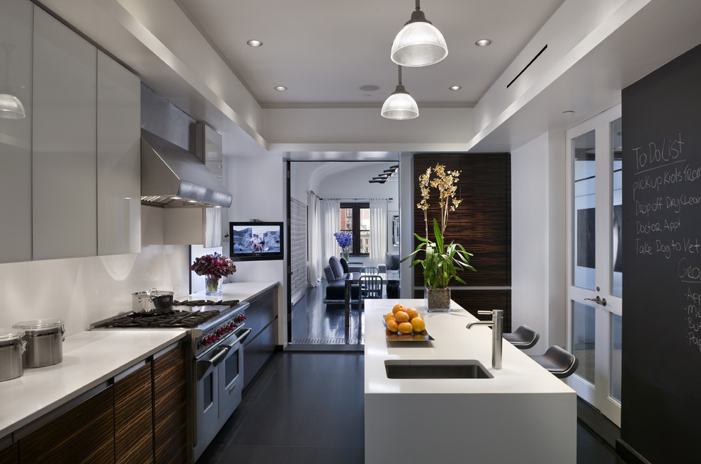 Geschlossene Moderne Küche mit Unterbauwaschbecken, flächenbündigen Schrankfronten, weißen Schränken, Küchengeräten aus Edelstahl und Kücheninsel in New York