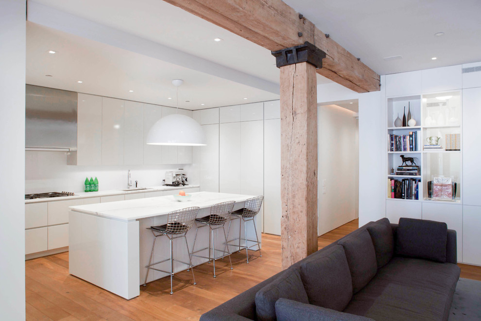 Moderne Küche mit flächenbündigen Schrankfronten und Kücheninsel in New York