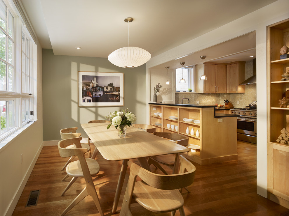 Trendy eat-in kitchen photo in Philadelphia with open cabinets and medium tone wood cabinets