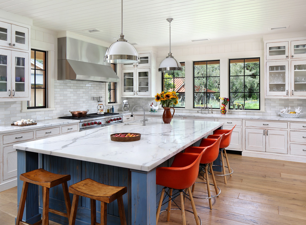 Inspiration for a rustic l-shaped medium tone wood floor kitchen remodel in San Francisco with glass-front cabinets, white cabinets, multicolored backsplash, subway tile backsplash, stainless steel appliances and an island