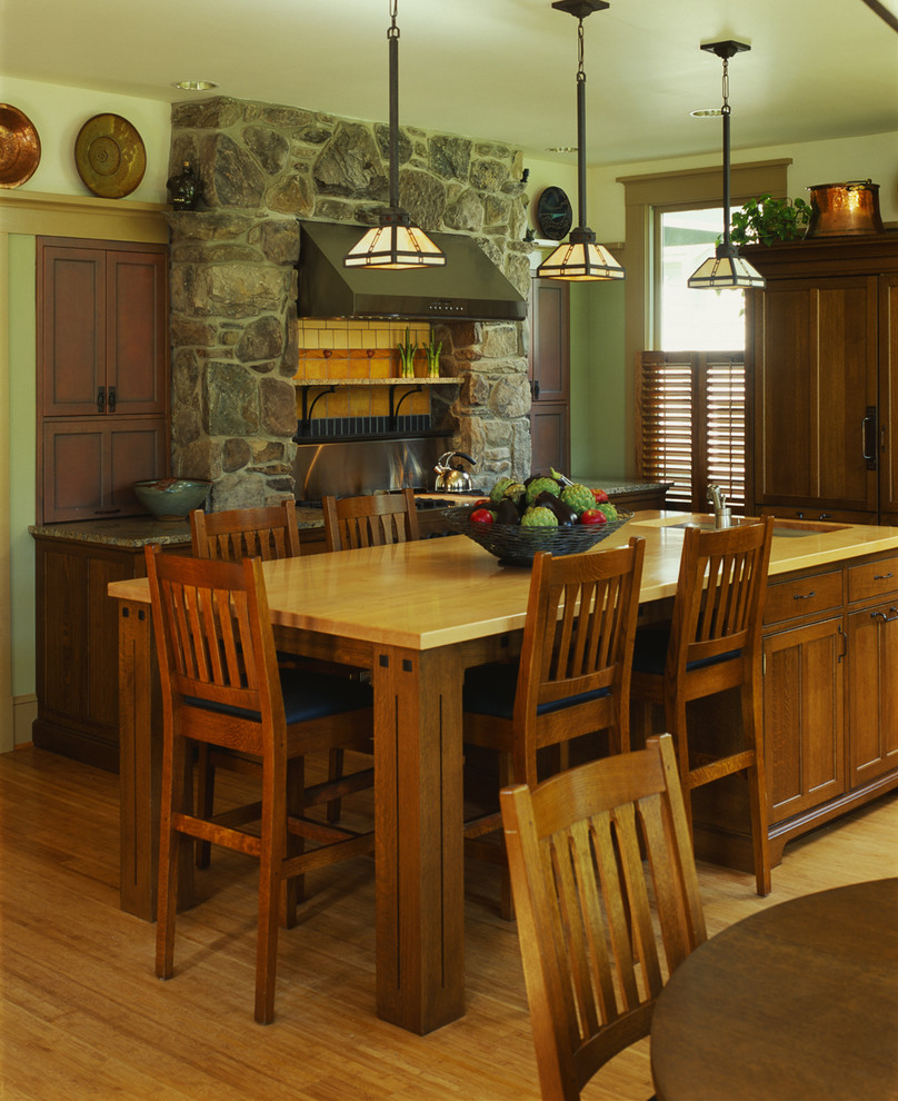 Arts and crafts eat-in kitchen photo in DC Metro with medium tone wood cabinets and wood countertops
