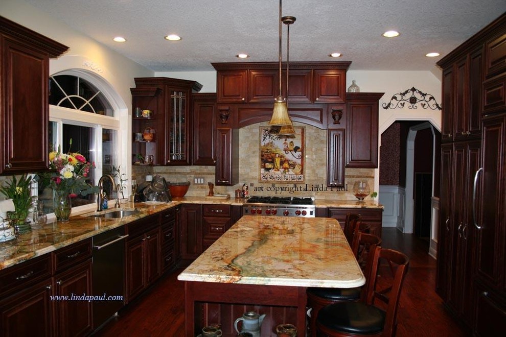 Tuscan Kitchen Backsplash With Cherry Cabinets And Rare Granite Traditional Kitchen Denver By Linda Paul Studio Houzz