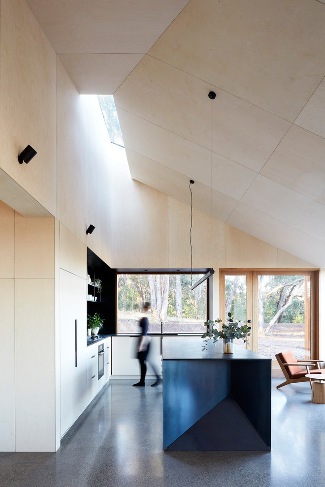 Идея дизайна: кухня в современном стиле с плоскими фасадами, бетонным полом, островом и серым полом