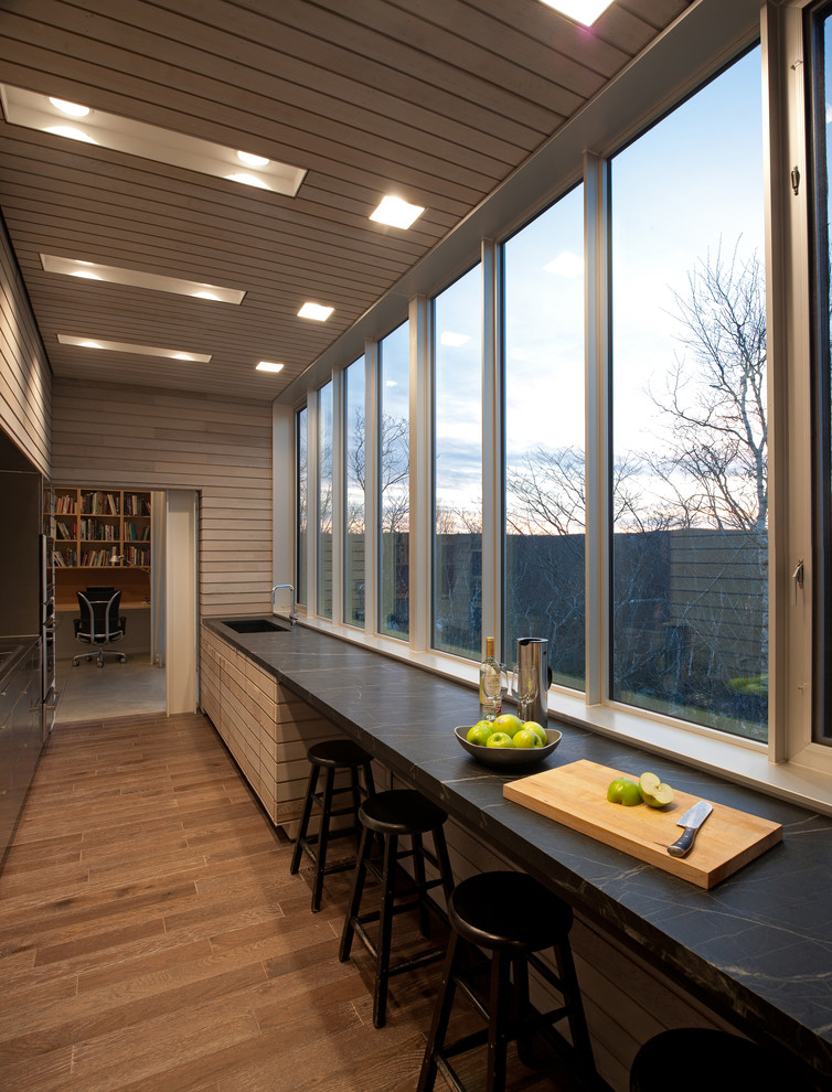 Идея дизайна: параллельная кухня в современном стиле с окном