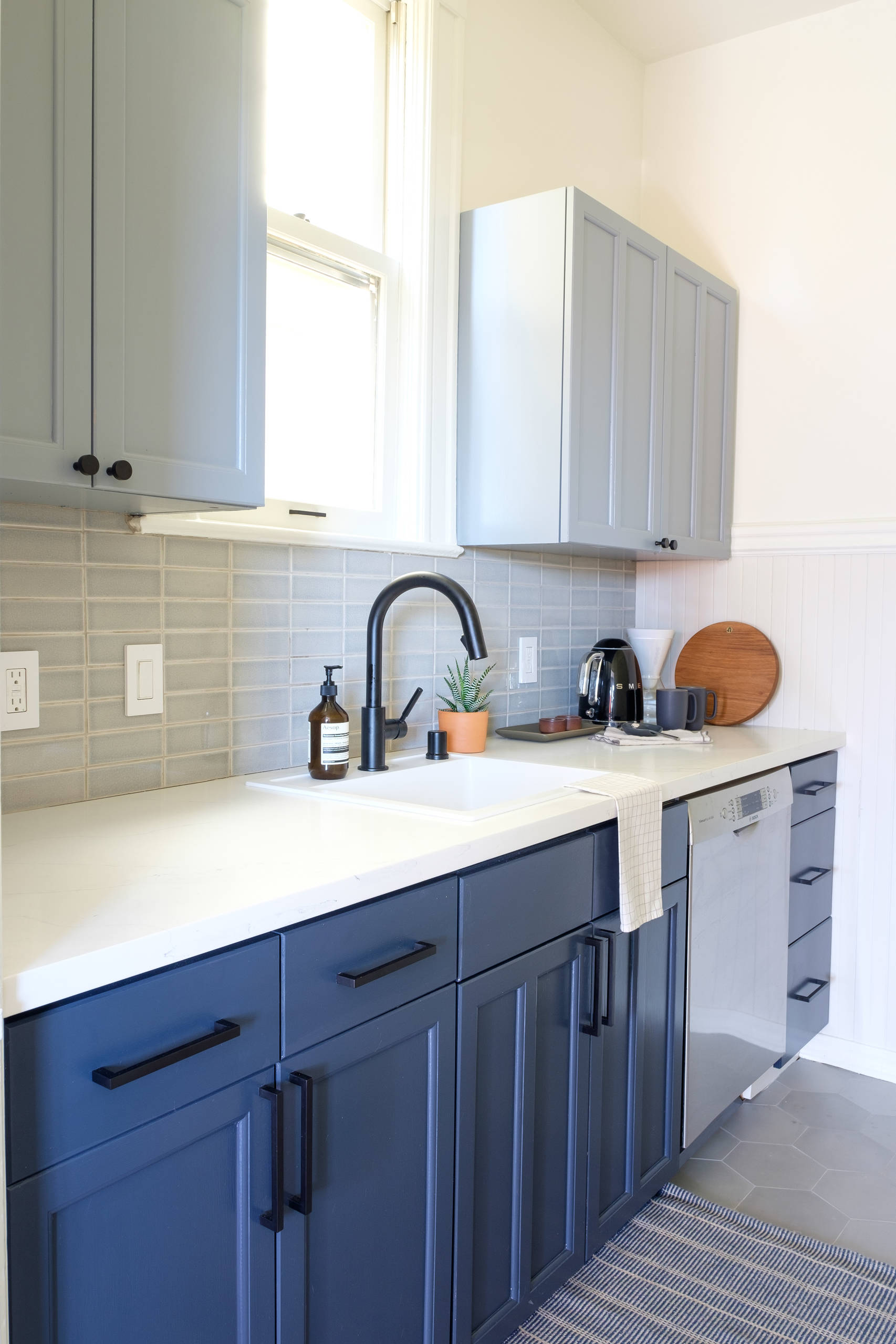 blue grey glass tile backsplash
