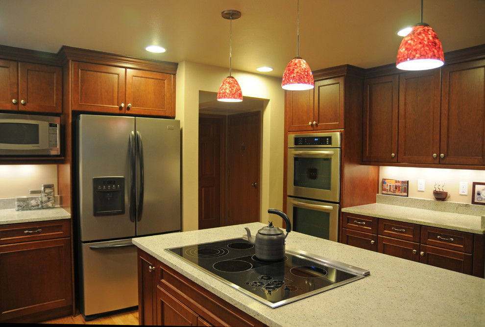 UShape Kitchen with Red Pendant Lighting Over Island Fusion