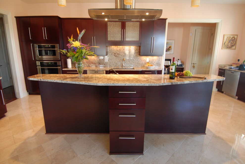 Mid-sized trendy u-shaped travertine floor open concept kitchen photo in Louisville with an undermount sink, flat-panel cabinets, dark wood cabinets, granite countertops, multicolored backsplash, stone slab backsplash, stainless steel appliances and an island
