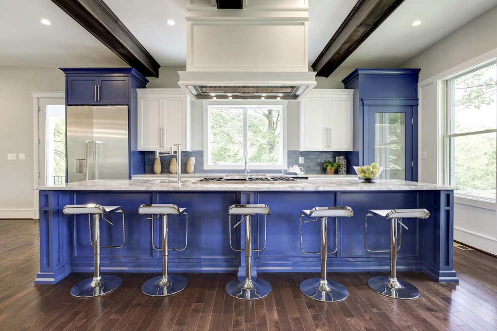 Example of a mid-sized trendy galley dark wood floor open concept kitchen design in DC Metro with shaker cabinets, blue cabinets, marble countertops, stainless steel appliances and a farmhouse sink