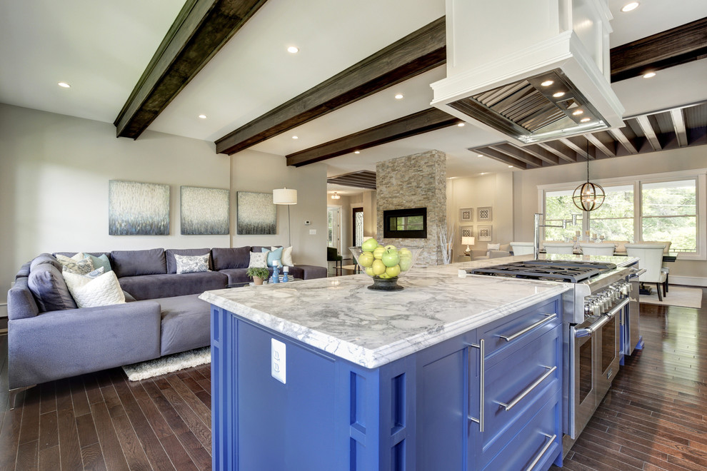 Esempio di una cucina minimal di medie dimensioni con lavello stile country, ante in stile shaker, ante blu, top in marmo, elettrodomestici in acciaio inossidabile e parquet scuro