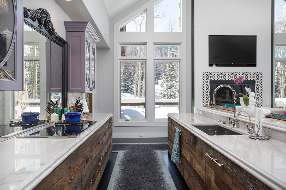 Inspiration for a huge galley carpeted and gray floor eat-in kitchen remodel in Salt Lake City with an undermount sink, flat-panel cabinets, purple cabinets, marble countertops, metallic backsplash, mosaic tile backsplash, two islands and white countertops