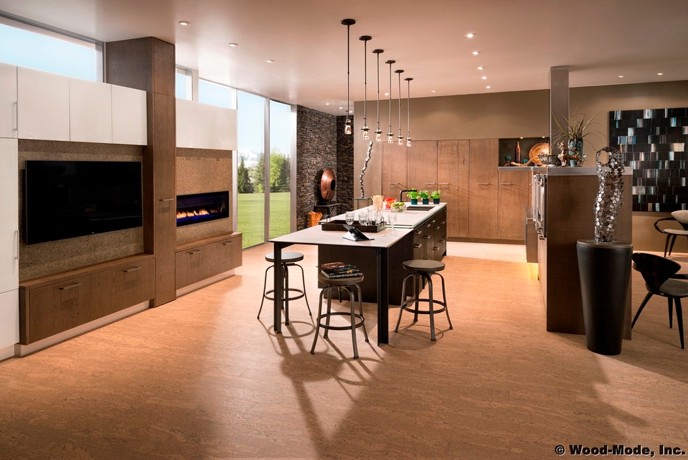 Inspiration for a large contemporary single-wall kitchen/diner in Houston with a submerged sink, flat-panel cabinets, brown cabinets, engineered stone countertops, stone slab splashback, stainless steel appliances, light hardwood flooring and an island.