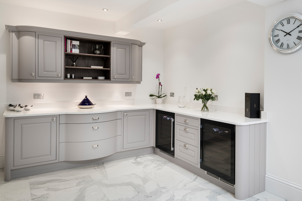 Design ideas for a medium sized classic u-shaped open plan kitchen in Other with grey cabinets, quartz worktops, stainless steel appliances, marble flooring, an island and white worktops.