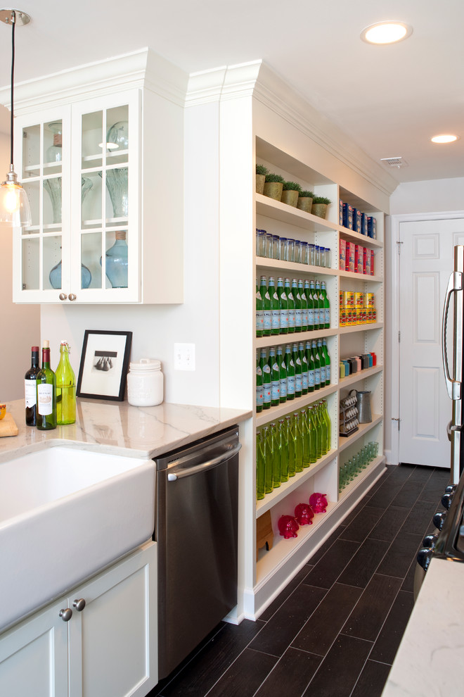 Transitional kitchen photo in DC Metro with a farmhouse sink, open cabinets, white cabinets and stainless steel appliances