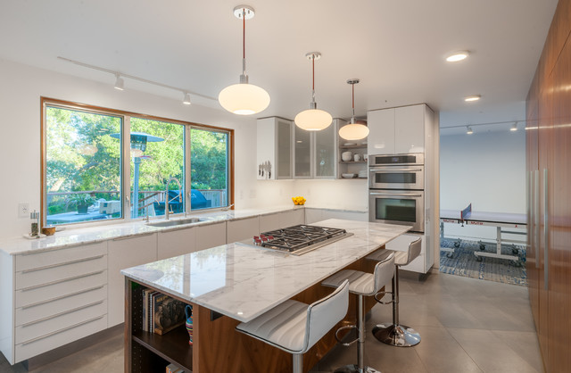 Updated Mid-century Kitchen Island with Hanging Lights - Midcentury ...