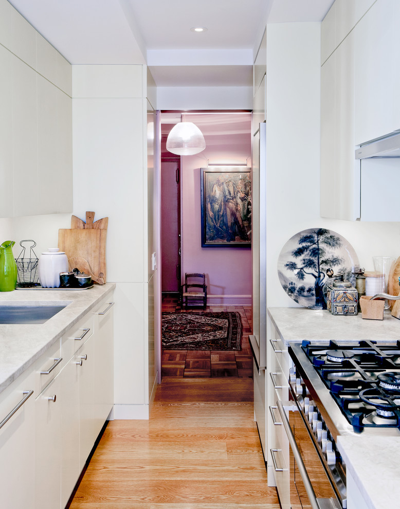 Photo of a contemporary kitchen in New York with stainless steel appliances.