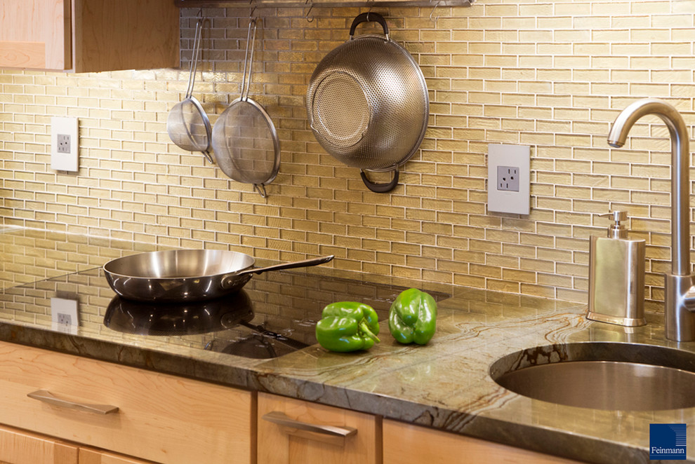 Inspiration for a transitional medium tone wood floor kitchen remodel in Boston with an undermount sink